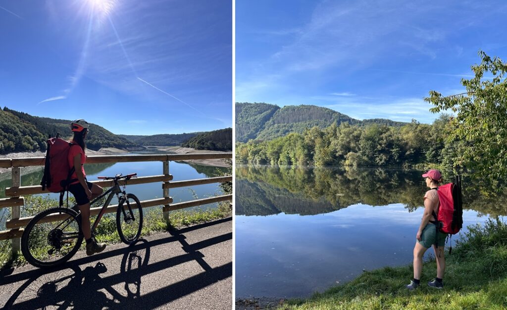 Randonneur avec un sac à dos de packraft surplombant le lac de la Rursee en Allemagne
